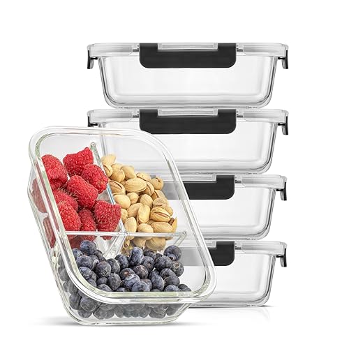 5 Pack Glass 3 Compartment Meal Prep Containers with Lids G7708