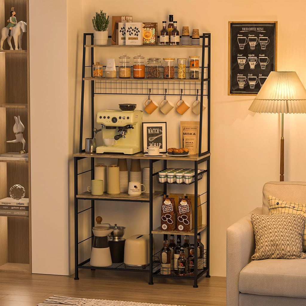 35.8" Large Farmhouse Coffee Station with 12 Hooks and Pull-Out Wire Basket, Coffee Bar Cart Table with Storage Shelves Rustic Brown V346685