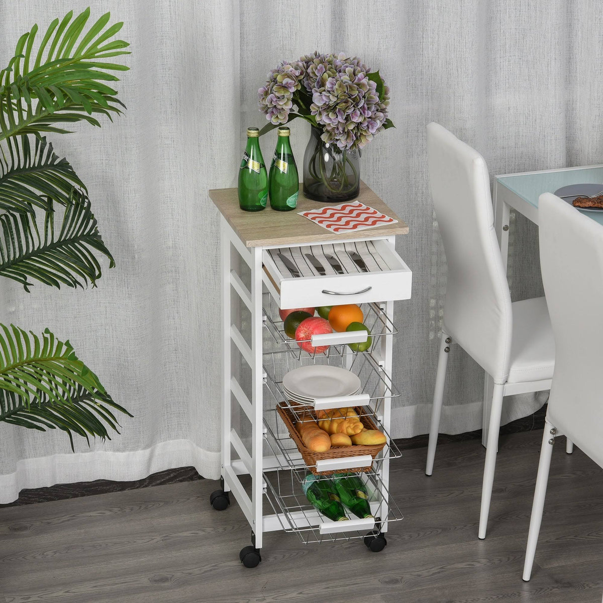 White Wooden Rolling Kitchen Storage Cart M72944