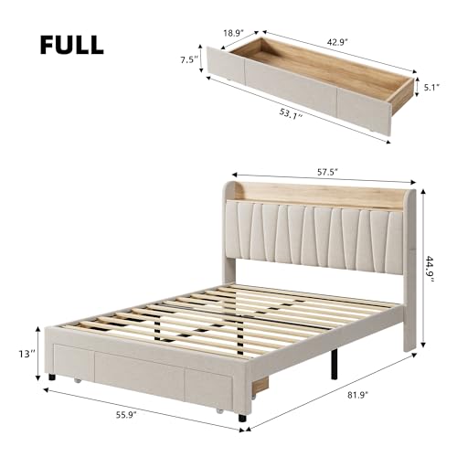 Beige Queen Size Upholstered Platform Bed Frame with Storage Headboard and Drawers M416
