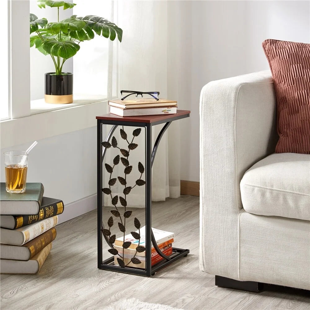 C-shaped Wood and Metal Leaf Pattern End Table, Set of 2 V5418