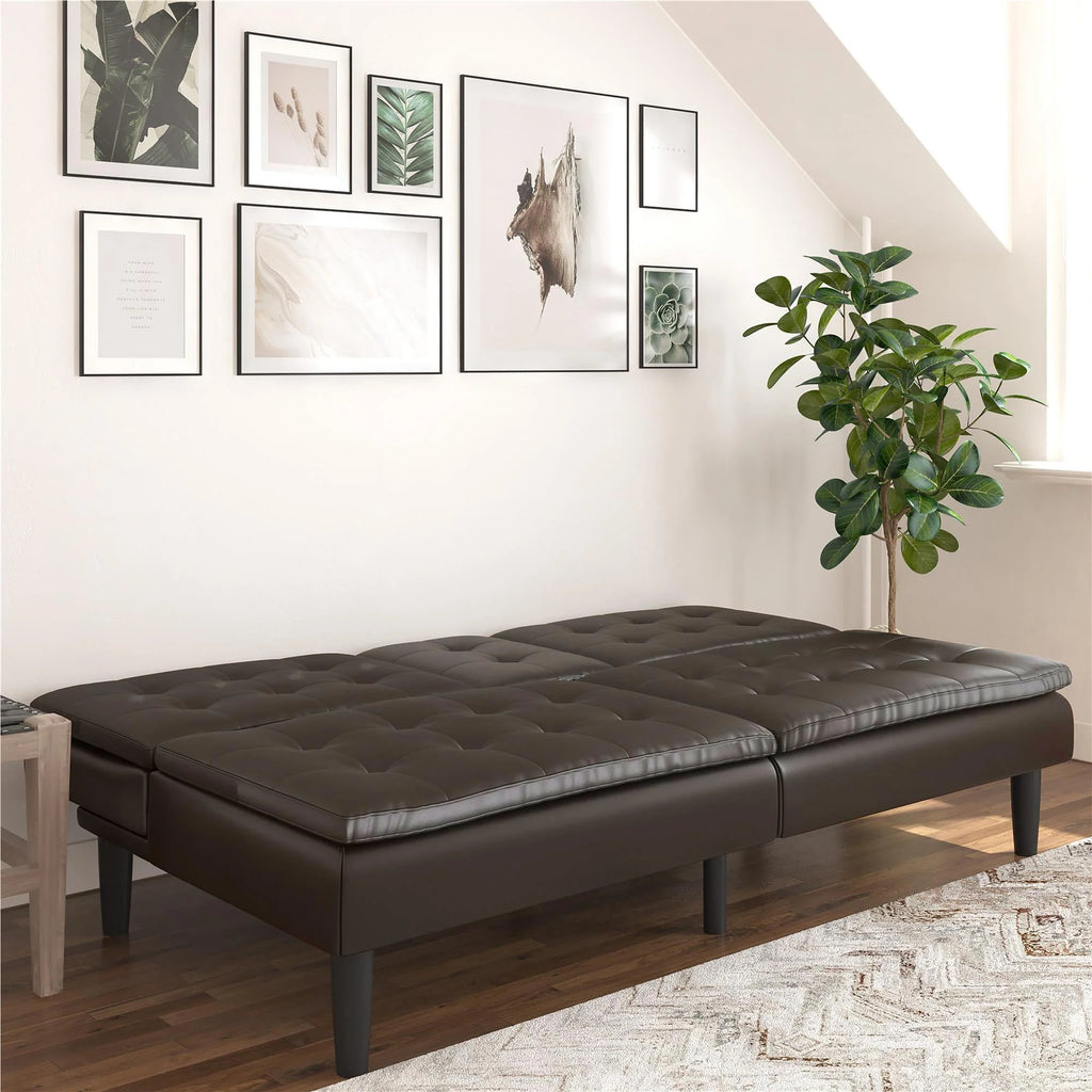 Memory Foam Futon with Cupholder and USB, Camel Faux Leather T92904