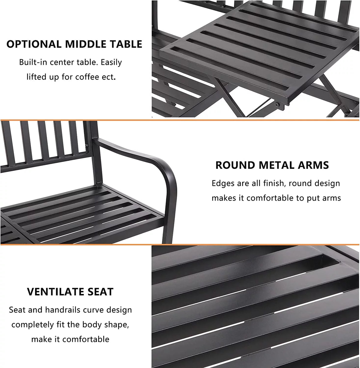 Black Outdoor Bench with Pullout Middle Table Q44424