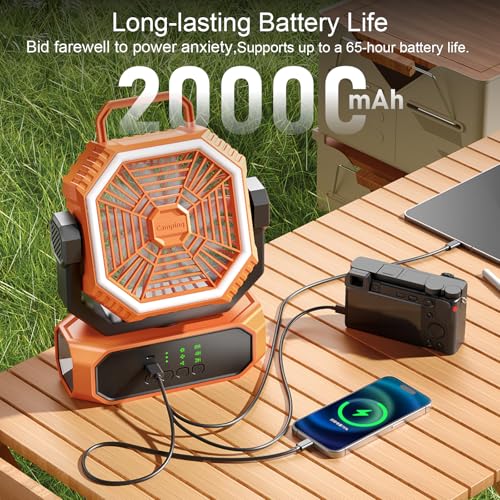 Portable Camping Fan with LED Lantern & Flashlight, 20000mAh Rechargeable Battery G626955