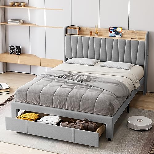 Beige Queen Size Upholstered Platform Bed Frame with Storage Headboard and Drawers M416