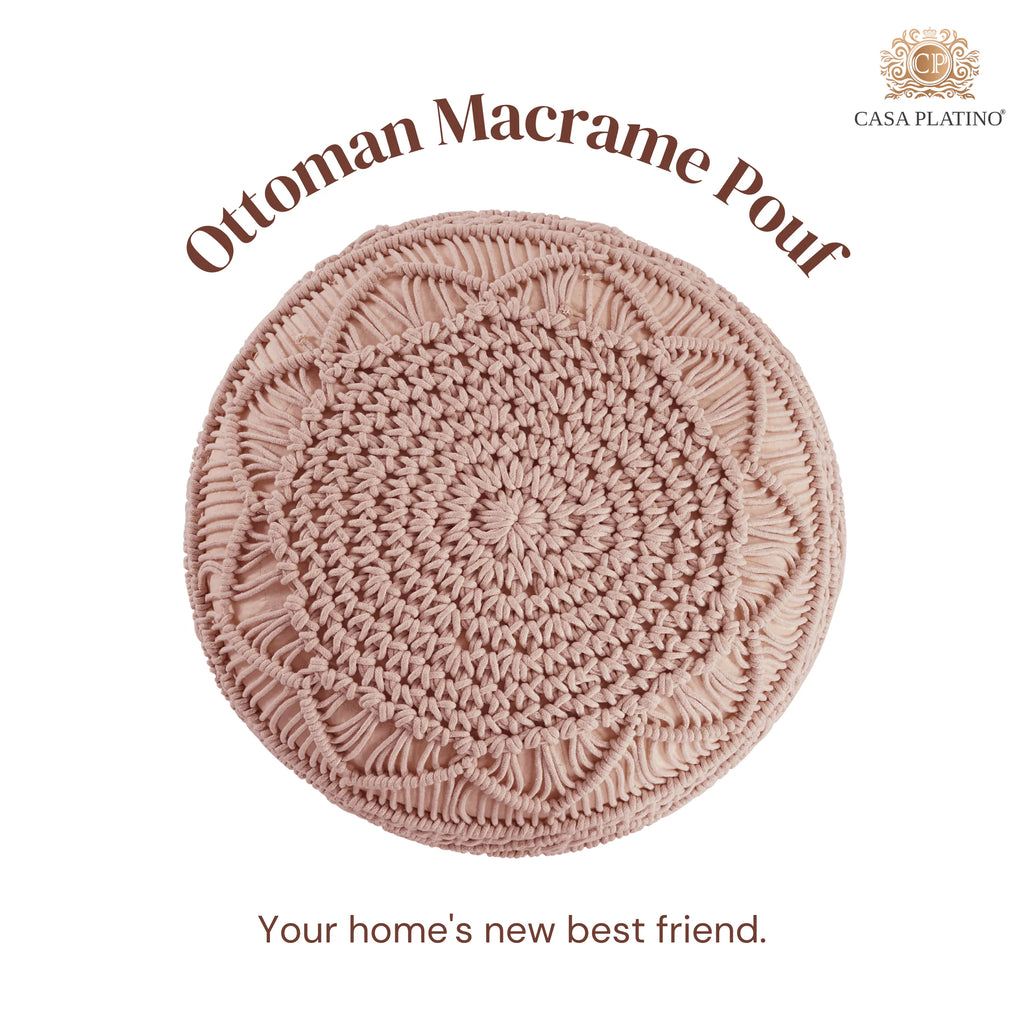 Dusty Pink Hand Knitted Macrame Pouf Ottoman F883768