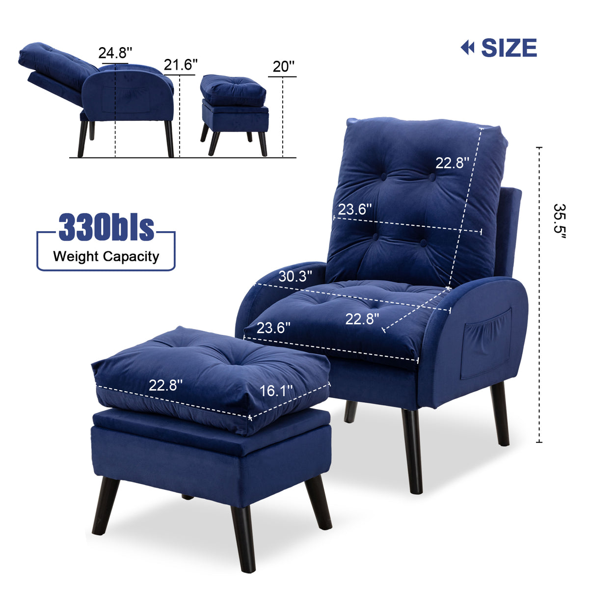 Blue Velvet Accent Recliner Chair with Ottoman with Storage F432