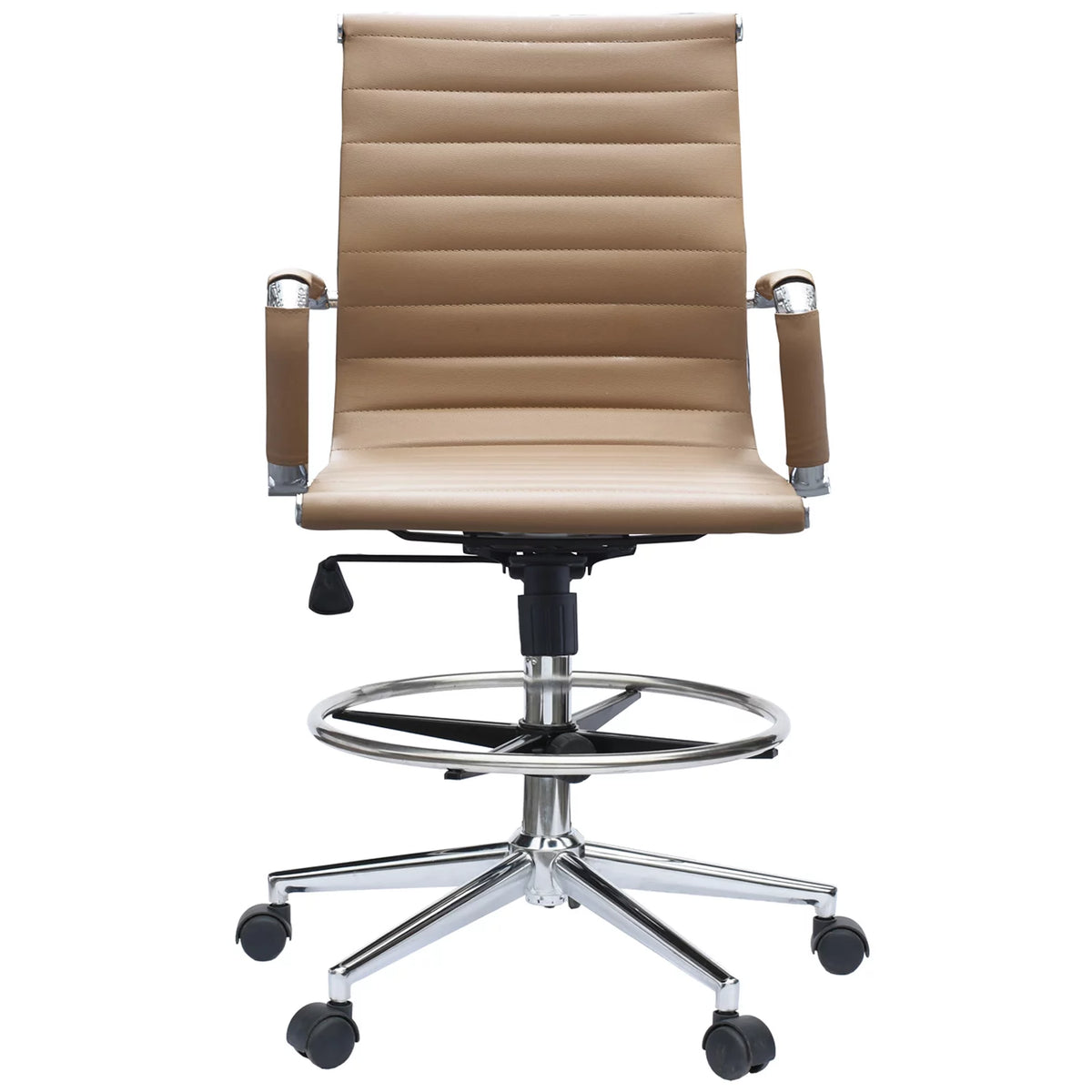 Tan Ribbed Drafting Chair with Wheels and Arms B57754