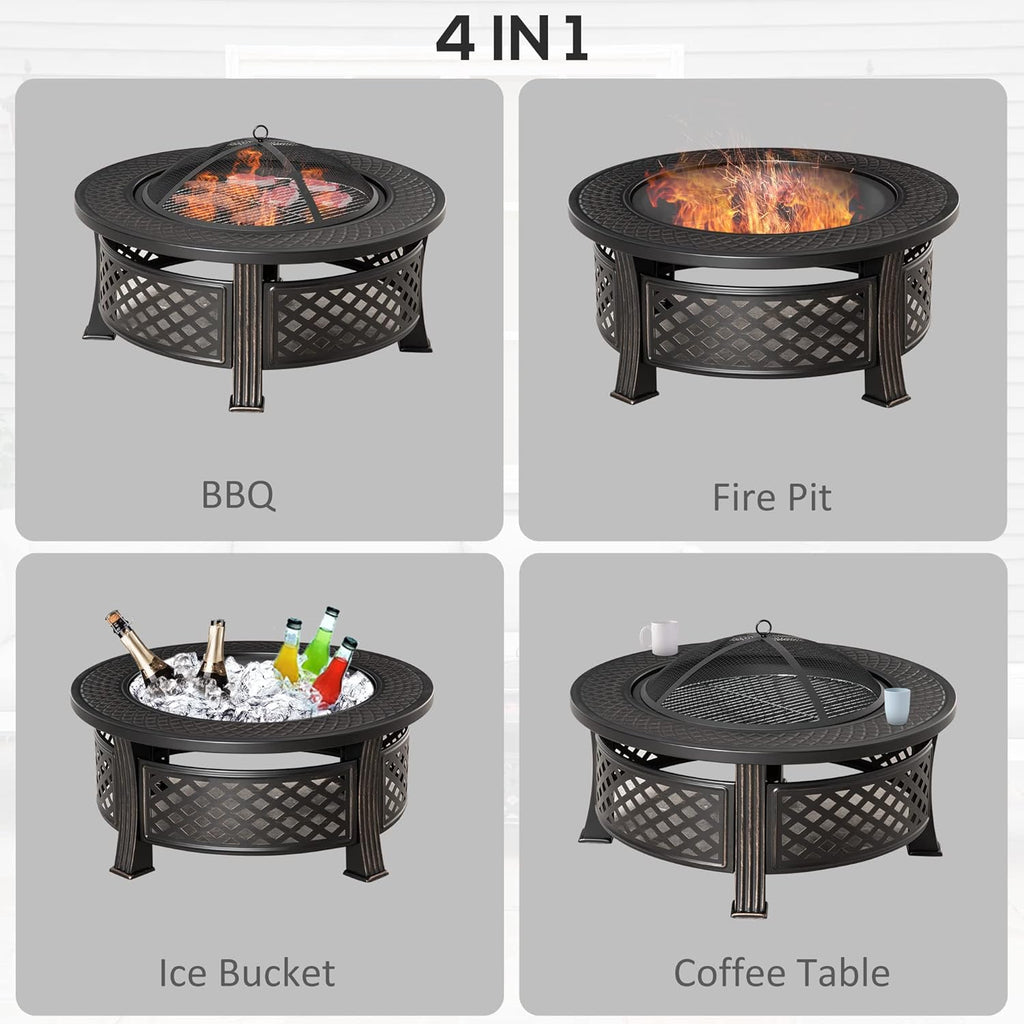 32 Outdoor Wood Burning Fire Pit with Grill, Spark Screen, Poker, Rain Cover, Black Z9791