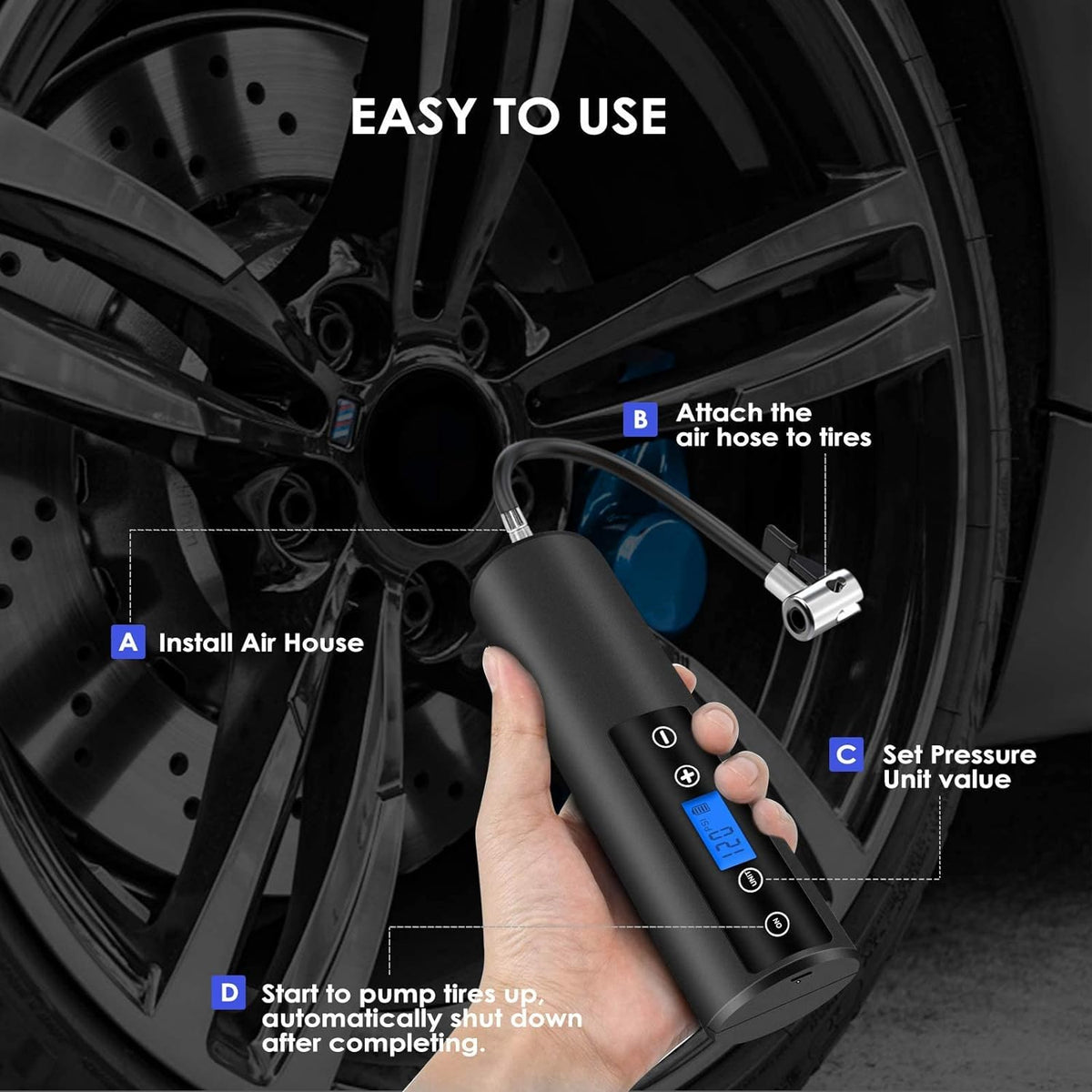 150 PSI Cordless Tire Inflator Air Compressor with LCD Display LED Light A3325