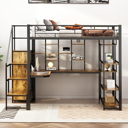 Black Metal Loft Bed with Desk and Stairs M784