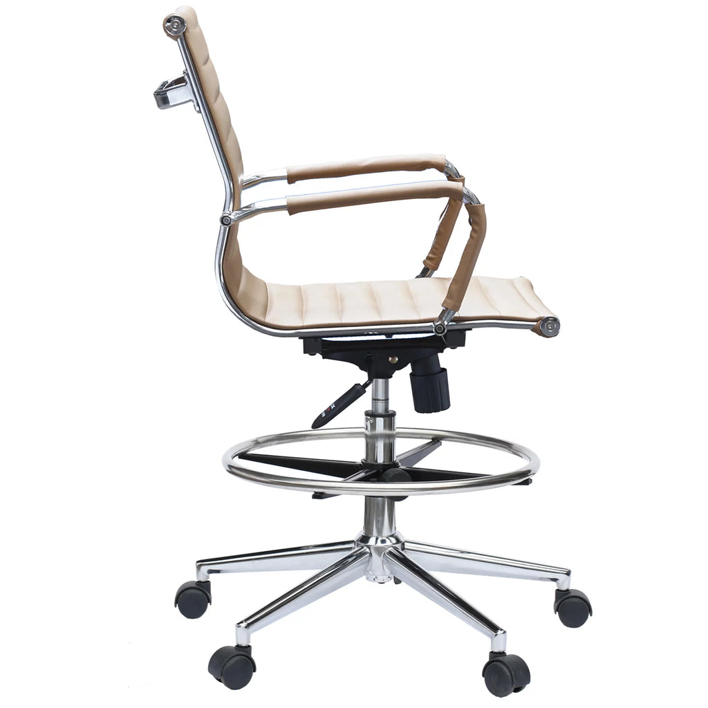Tan Ribbed Drafting Chair with Wheels and Arms B57754