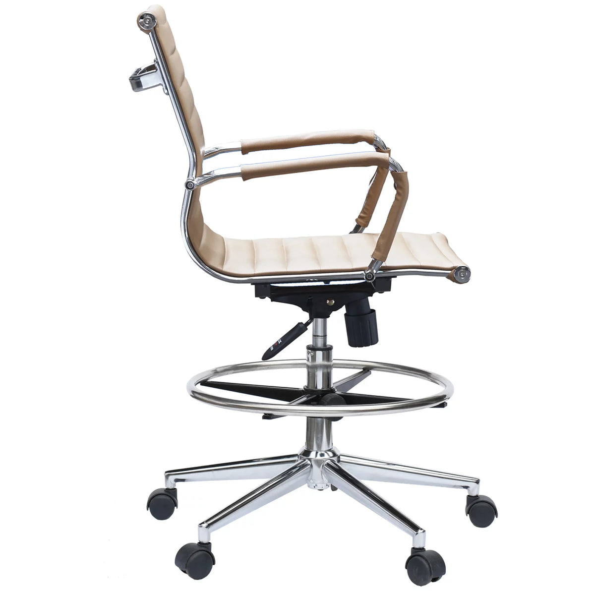 Tan Ribbed Drafting Chair with Wheels and Arms B57754