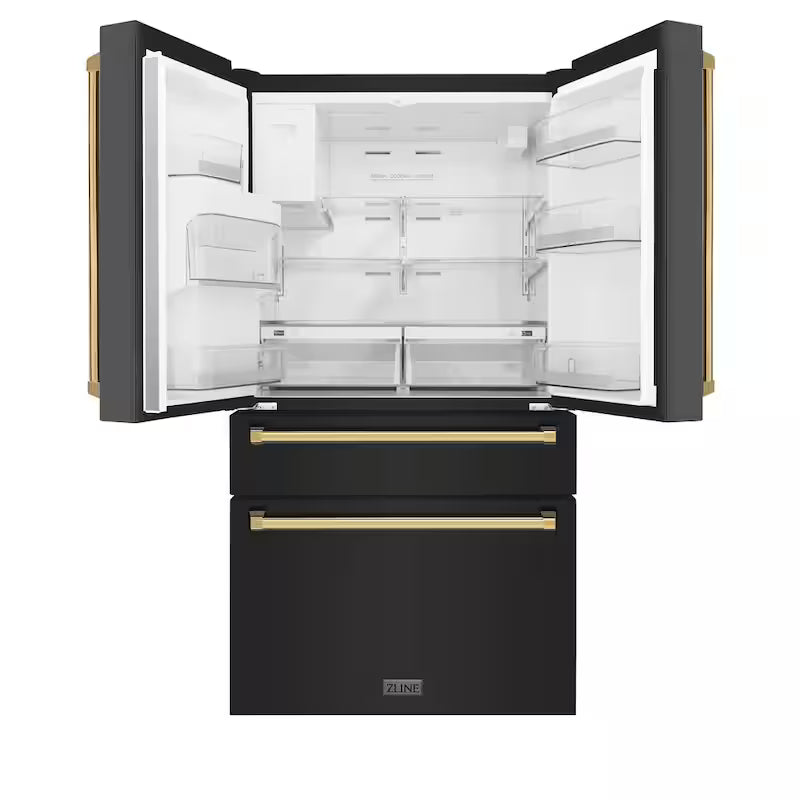 36 in. 4-Door French Door Refrigerator with Ice & Water Dispenser in Black Stainless & Polished Gold M673