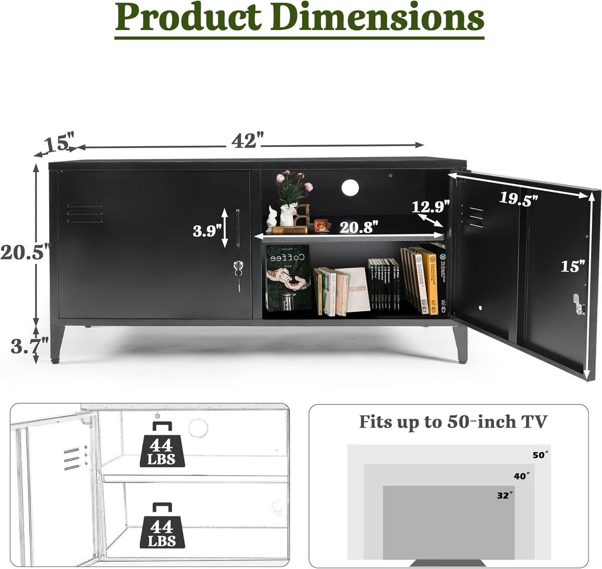 Black 2 Door Metal Storage Cabinet with 2 Shelves W6776