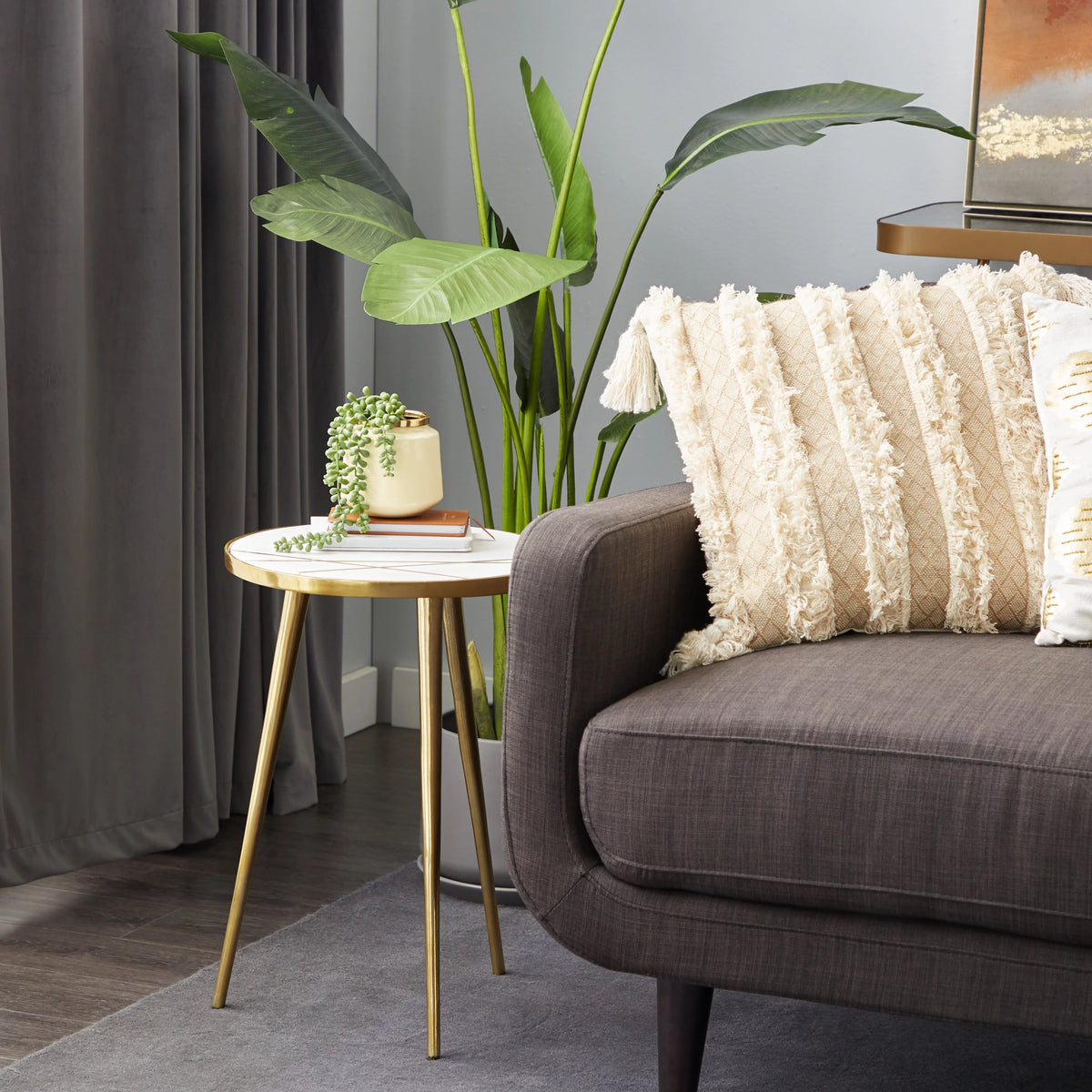 15" x 20" Gold Aluminum Accent Table with Marble Top Y94327