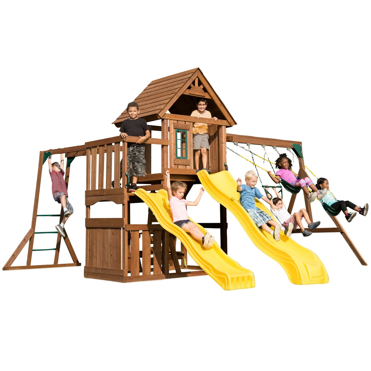 Wooden Backyard Swing Set with Two Yellow Wave Slides M172589