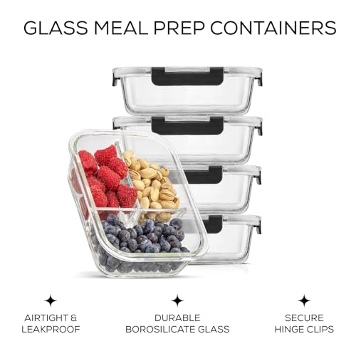 5 Pack Glass 3 Compartment Meal Prep Containers with Lids G7708