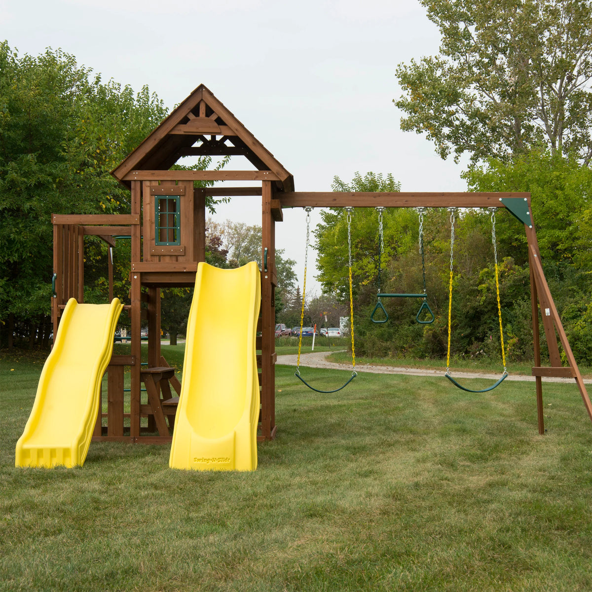 Wooden Backyard Swing Set with Two Yellow Wave Slides M172589