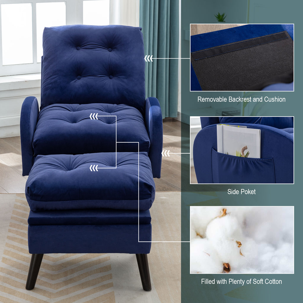 Blue Velvet Accent Recliner Chair with Ottoman with Storage F432