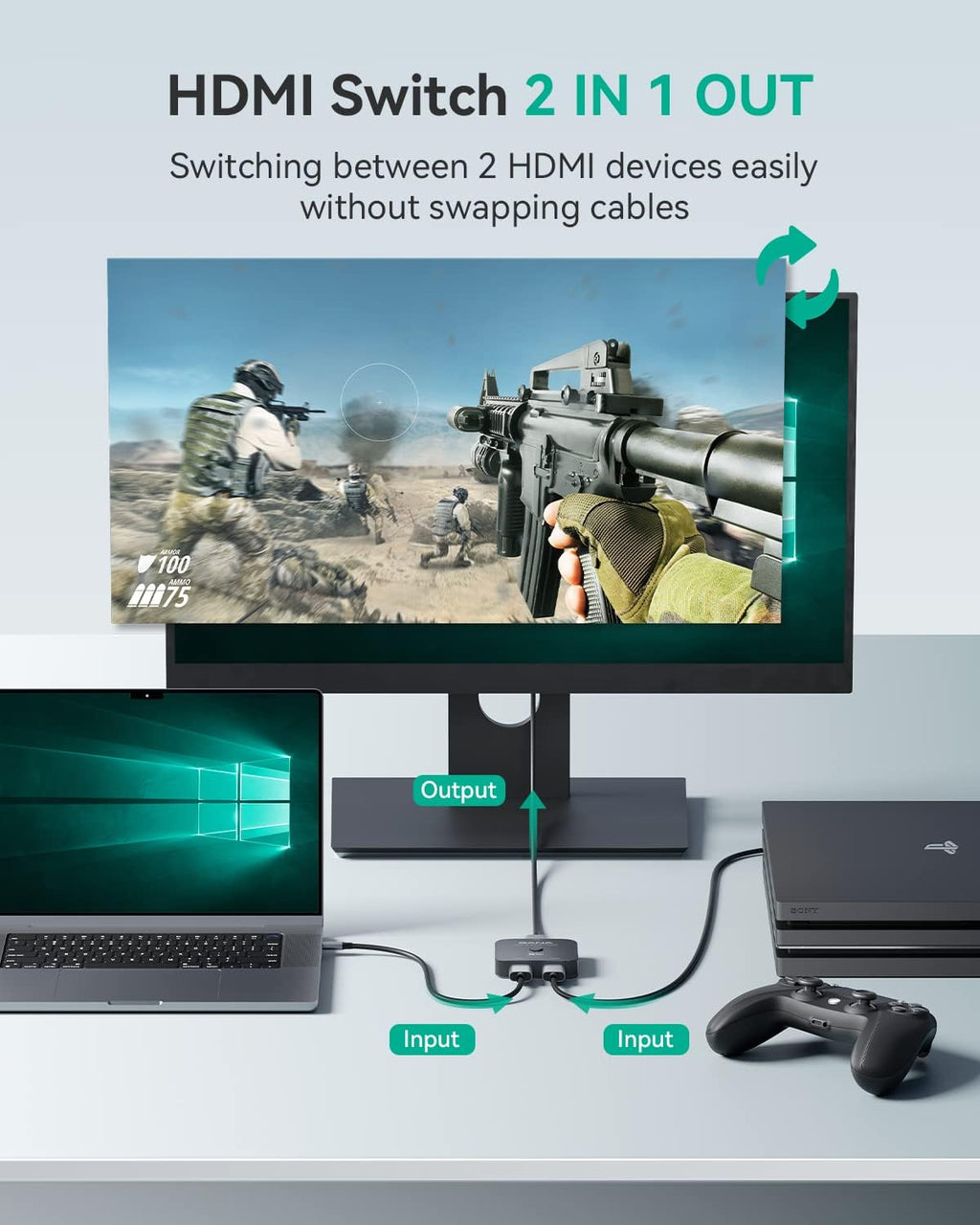 HDMI 2.1 Switch, 8K HDMI Switcher Splitter Bi-Directional 2 in 1 Out, 48Gbps Aluminum Ultra HD HDMI Hub P6271