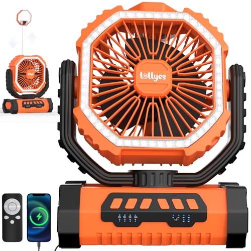 Camping Fan with Led Lantern, 20000mah Rechargeable Battery, 4 Speed with Remote, Auto Oscillation, 360° Rotation Hook, Orange X304