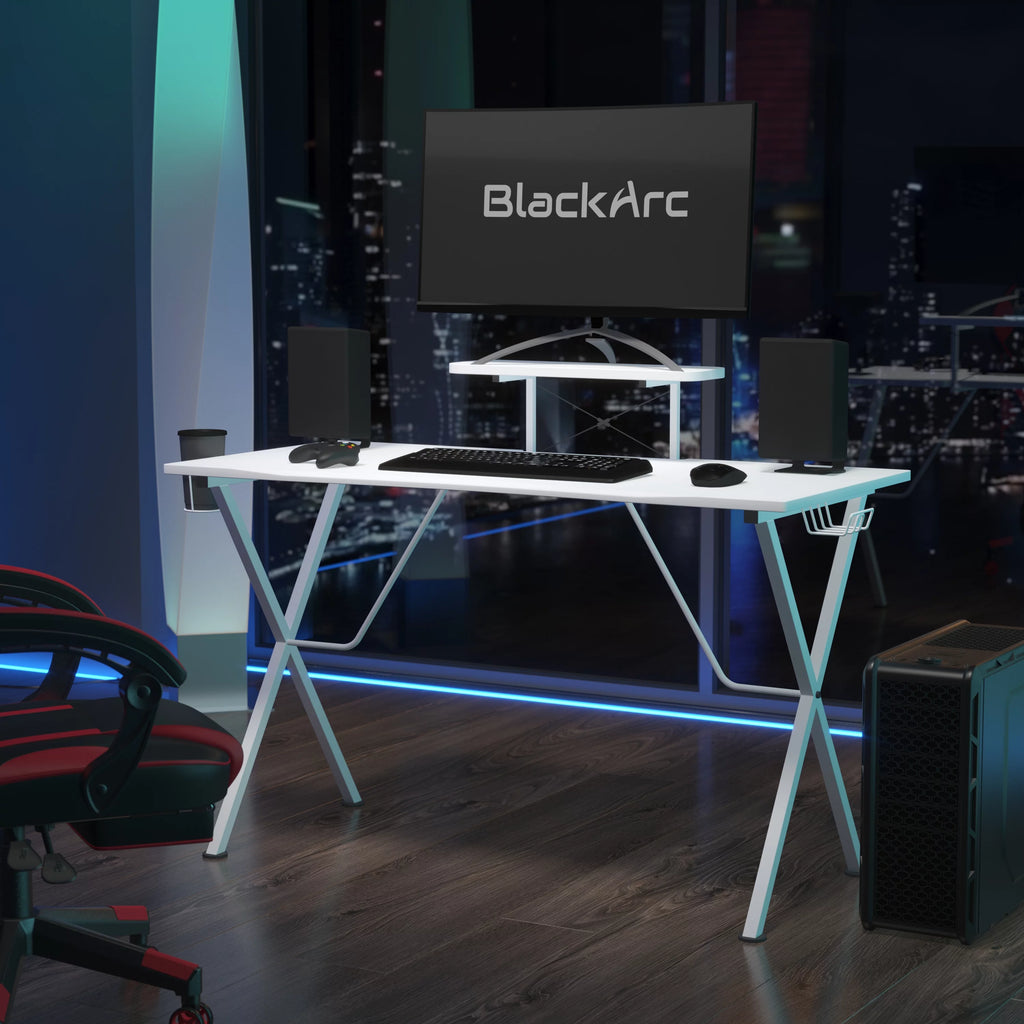 Black Gaming Desk with Cupholder, Headphone Hook & Monitor Stand G174