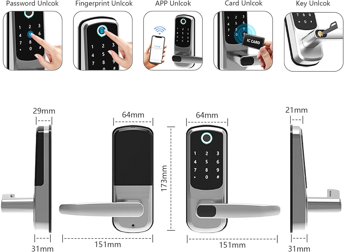 Fingerprint Door Lock with Bluetooth App Code Key and IC Card J1504