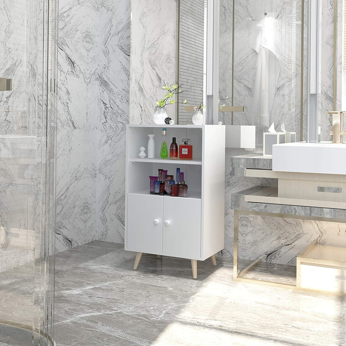 Ivory White Freestanding Bathroom Cabinet with 2 Doors and 2 Open Shelves B88552