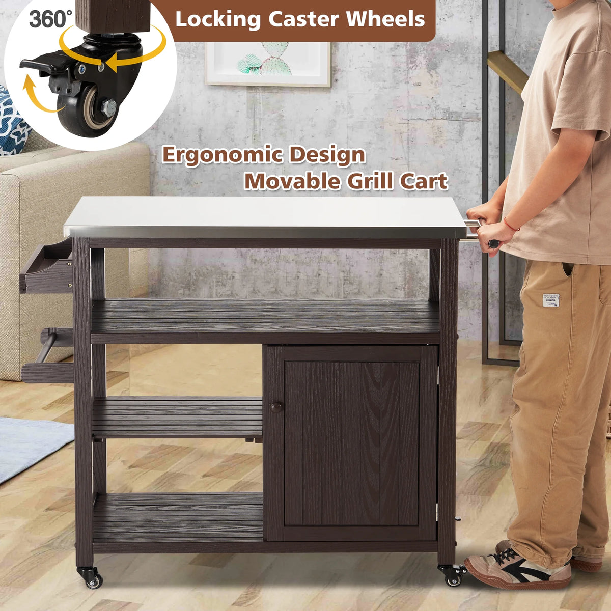 Solid Wood Outdoor Grill Table with Stainless Steel Top S35970