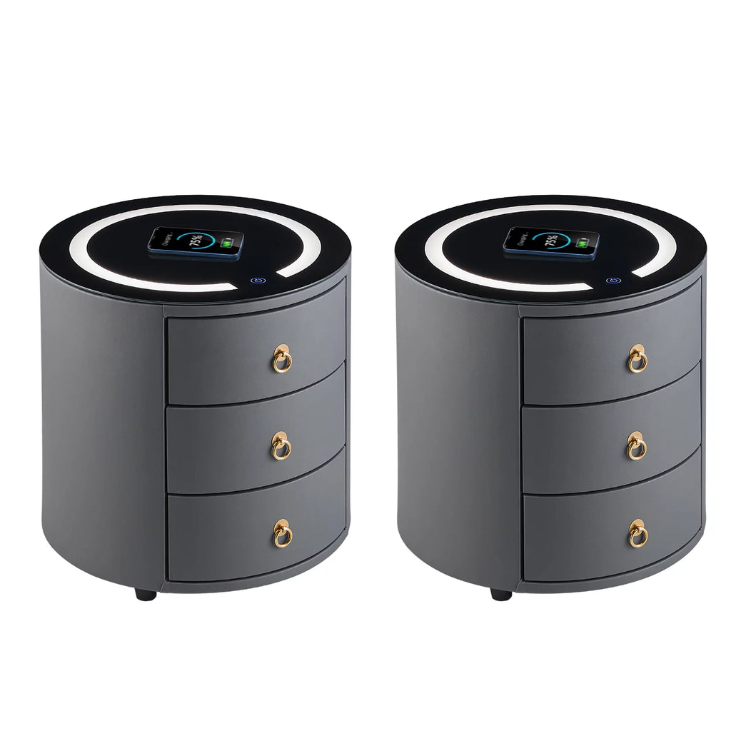 Set of 2 Dark Gray Faux Leather 3 Drawer Nightstand F590