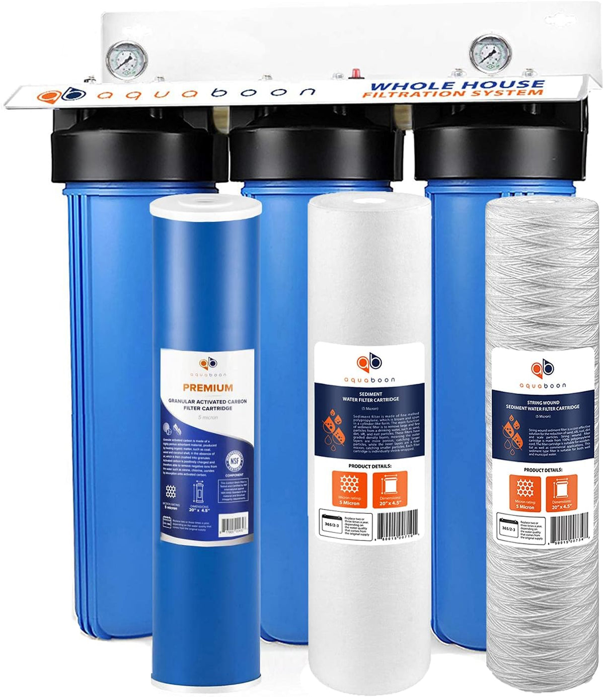 3-Stage 20 Whole House Filtration System with Housing Bracket Pressure Gauges GAC Filter Sediment String Wound Sediment Filter Cartridges U7272