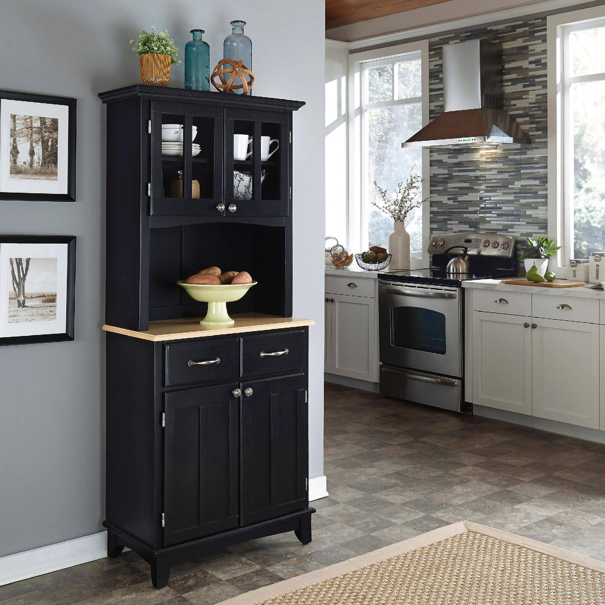 Black Wood Top Buffet with Hutch D57323