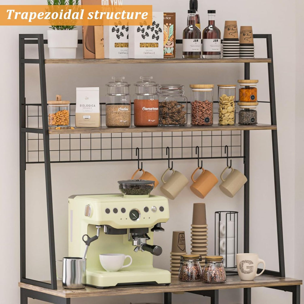 35.8" Large Farmhouse Coffee Station with 12 Hooks and Pull-Out Wire Basket, Coffee Bar Cart Table with Storage Shelves Rustic Brown V346685
