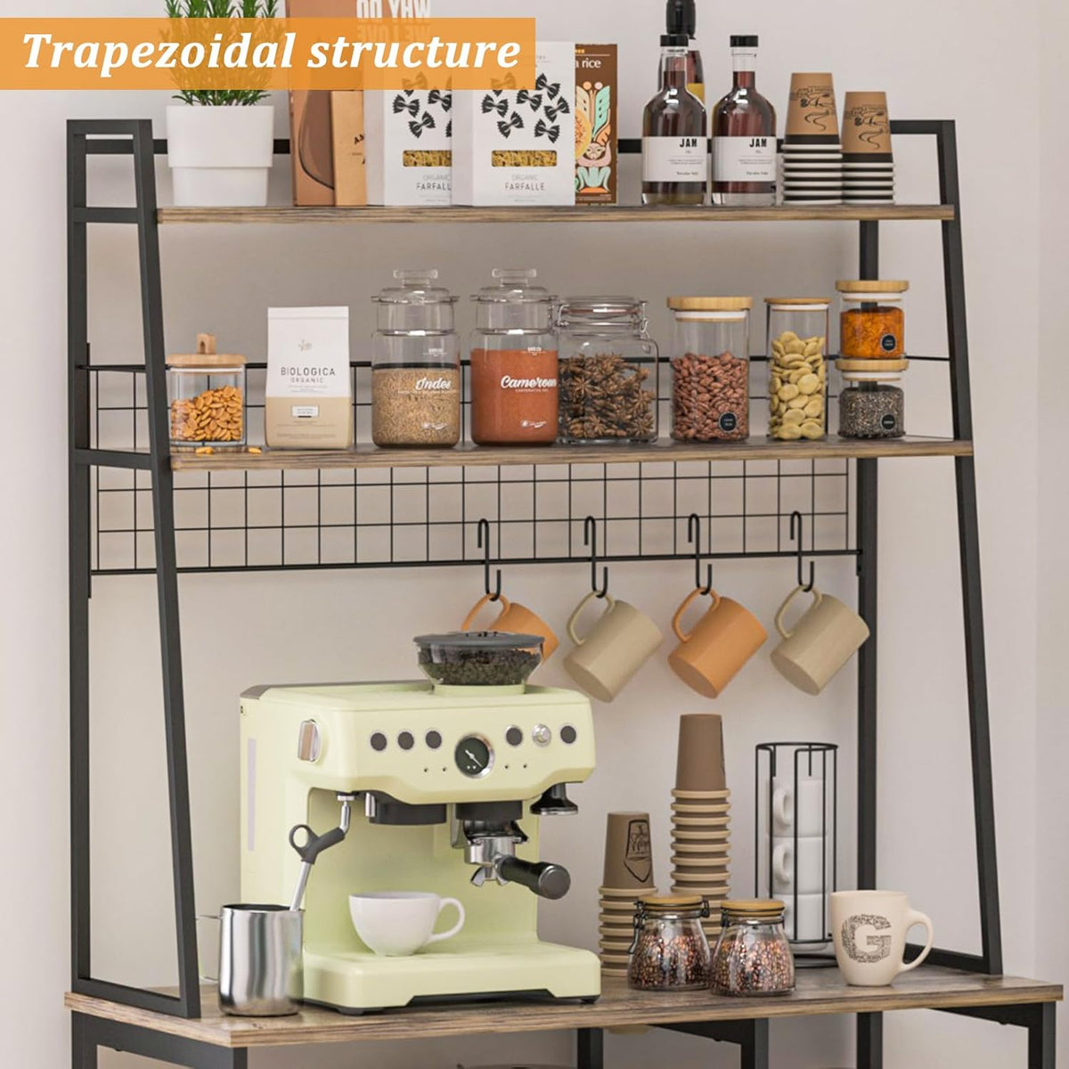 35.8" Large Farmhouse Coffee Station with 12 Hooks and Pull-Out Wire Basket, Coffee Bar Cart Table with Storage Shelves Rustic Brown V346685