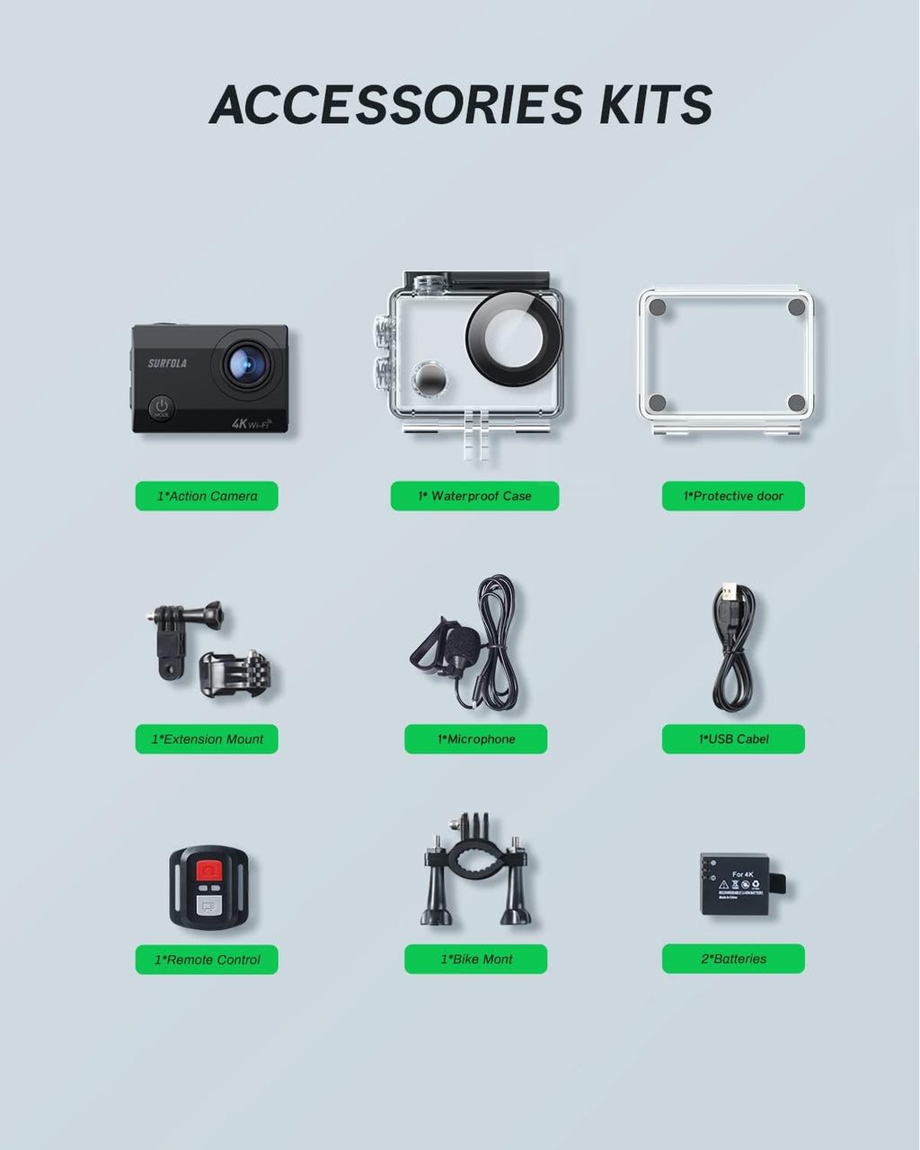 4K/30FPS 20MP WiFi Waterproof Action Camera with 2 Batteries and Helmet Accessories Kit O12720