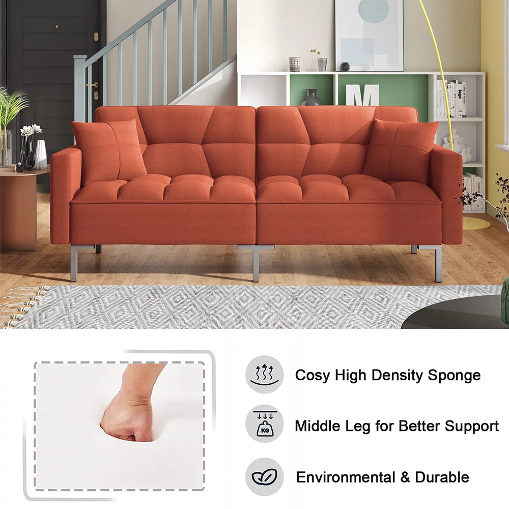 Orange Convertible Folding Futon Sofa Bed with 2 Pillows P5195