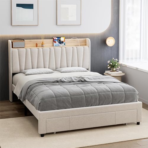 Beige Queen Size Upholstered Platform Bed Frame with Storage Headboard and Drawers M416