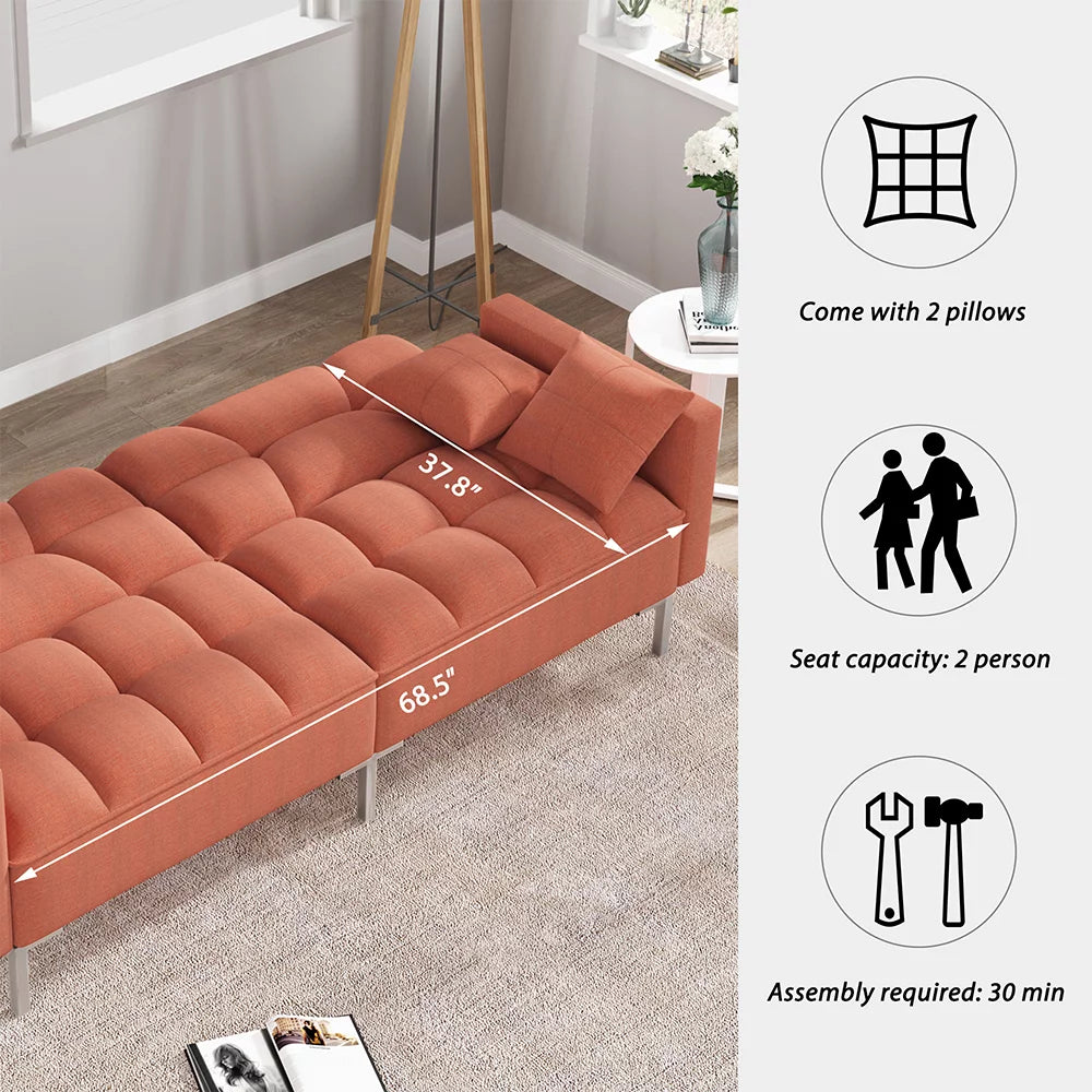 Orange Convertible Folding Futon Sofa Bed with 2 Pillows P5195