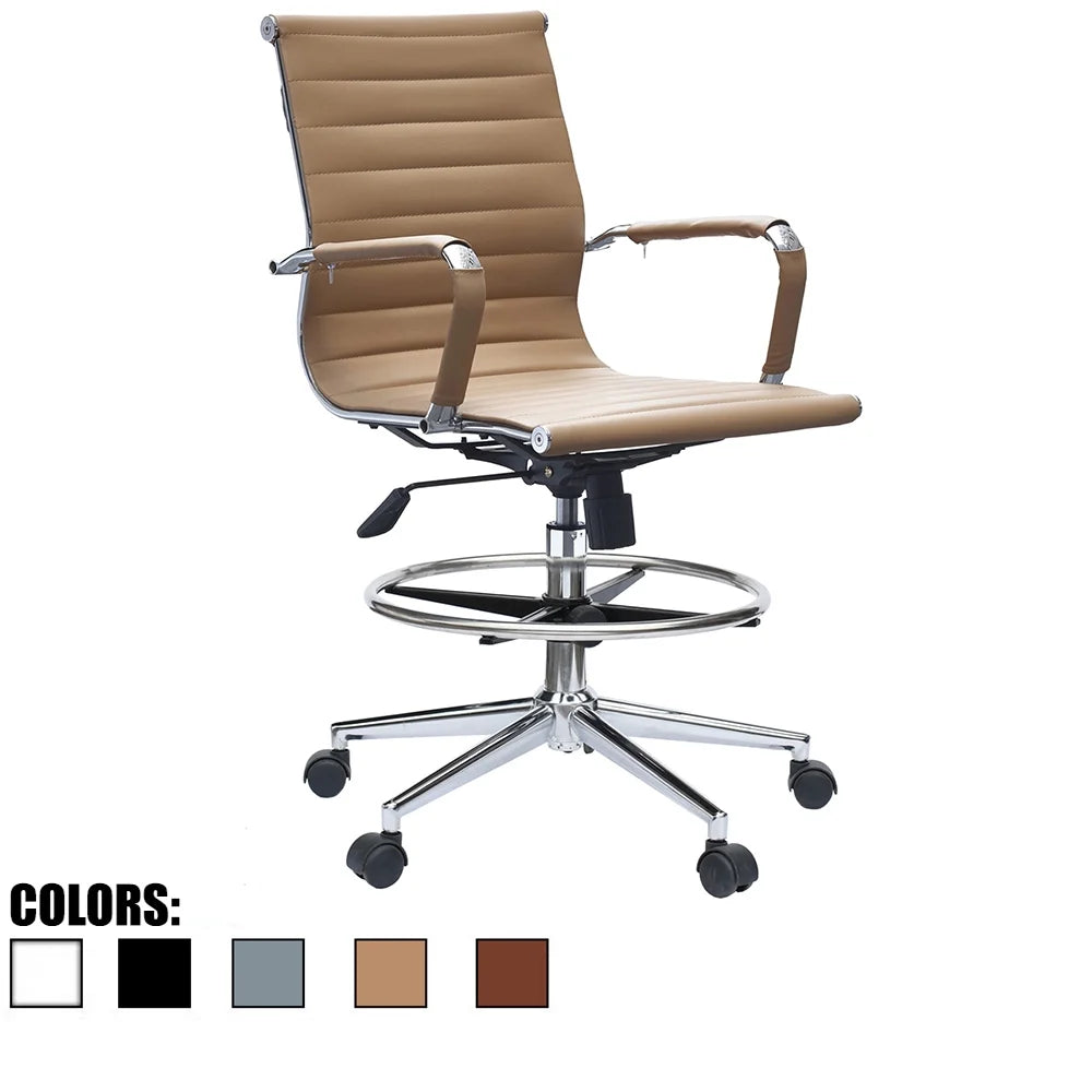 Tan Ribbed Drafting Chair with Wheels and Arms B57754