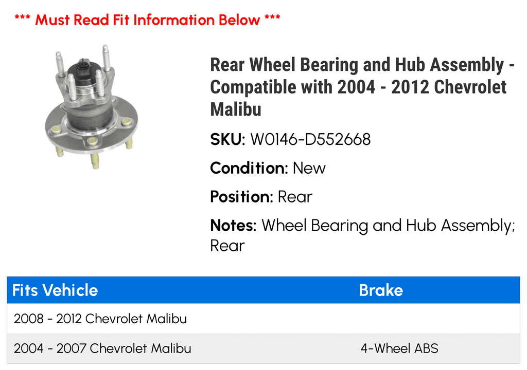 Rear Wheel Bearing and Hub Assembly for Chevy Malibu V3316