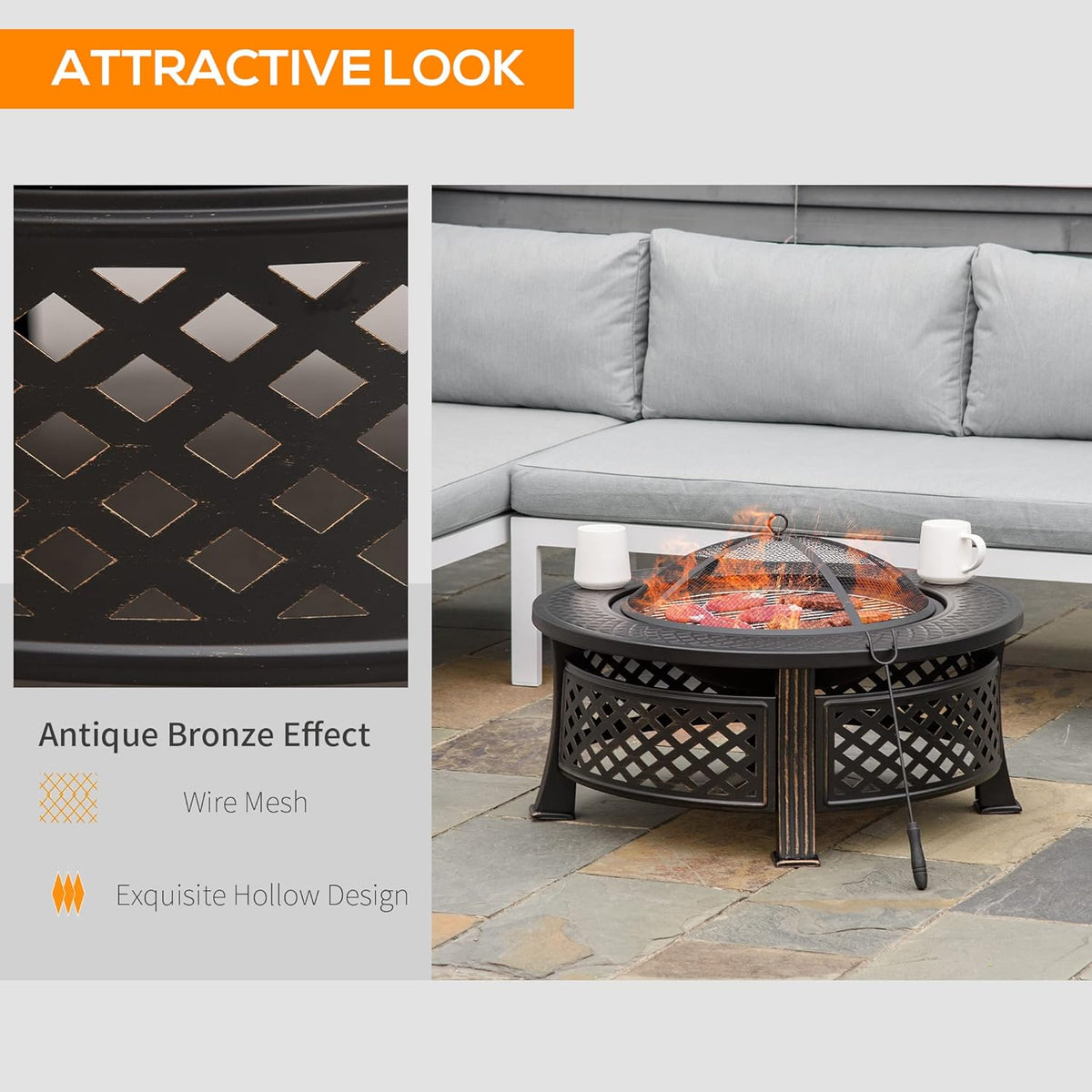 32 Outdoor Wood Burning Fire Pit with Grill, Spark Screen, Poker, Rain Cover, Black Z9791