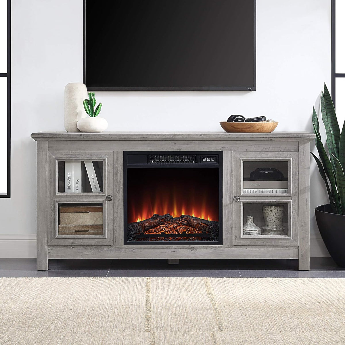 Electric Fireplace TV Stand for TVs up to 55 Inch with Storage Shelves & Cabinets A81957