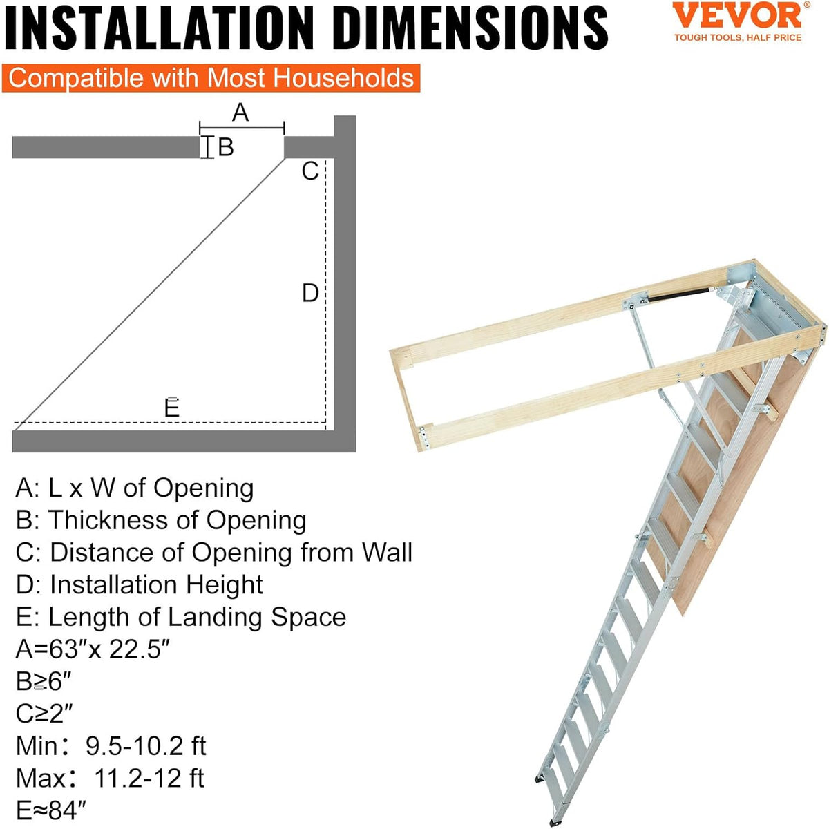 Attic Ladder, 350-pound Capacity, 22.5" x 63", Aluminium Extension P868972