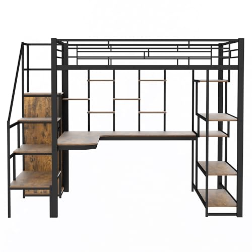 Black Metal Loft Bed with Desk and Stairs M784