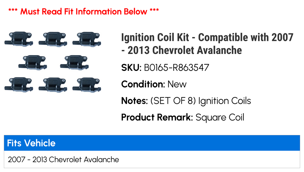 Ignition Coil Kit Compatible with Chevy Avalanche W907409