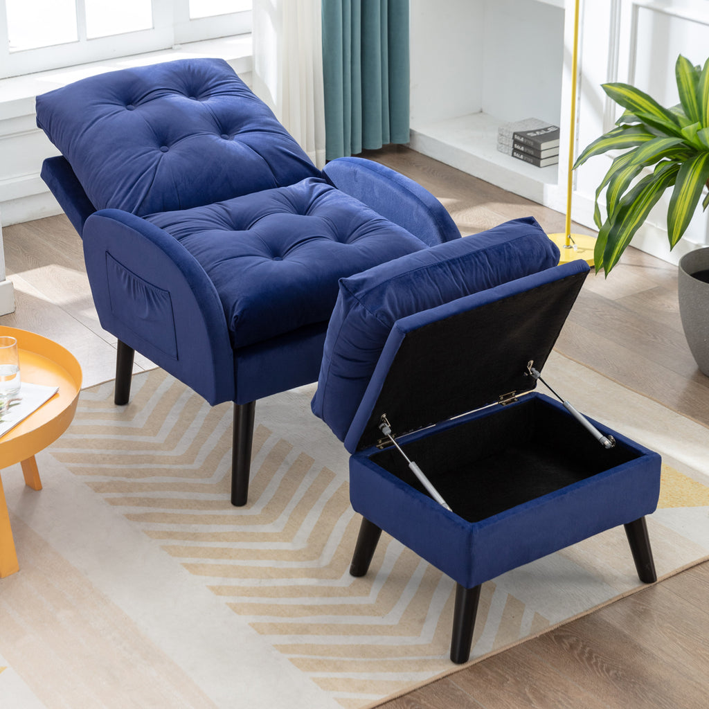 Blue Velvet Accent Recliner Chair with Ottoman with Storage F432