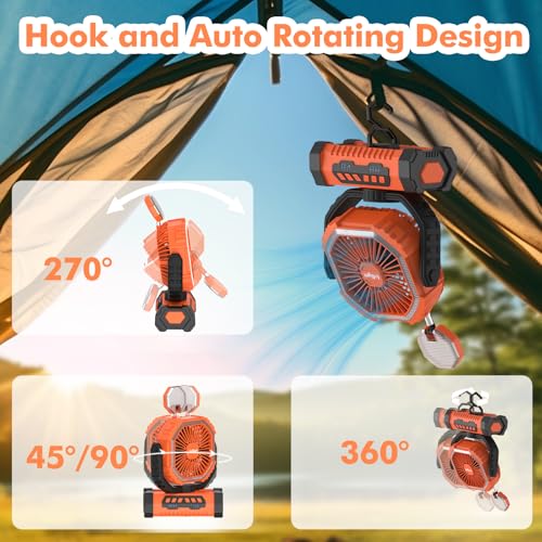 Camping Fan with Led Lantern, 20000mah Rechargeable Battery, 4 Speed with Remote, Auto Oscillation, 360° Rotation Hook, Orange X304