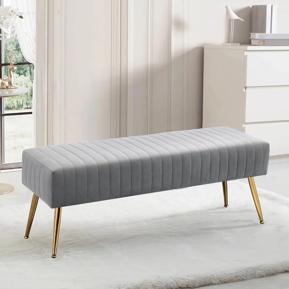 Grey Upholstered Tufted Striped Fabric Bench with Metal Legs J7161