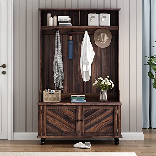 Black Wooden Shoe Bench with 2 Compartments & 4 Hooks J67830